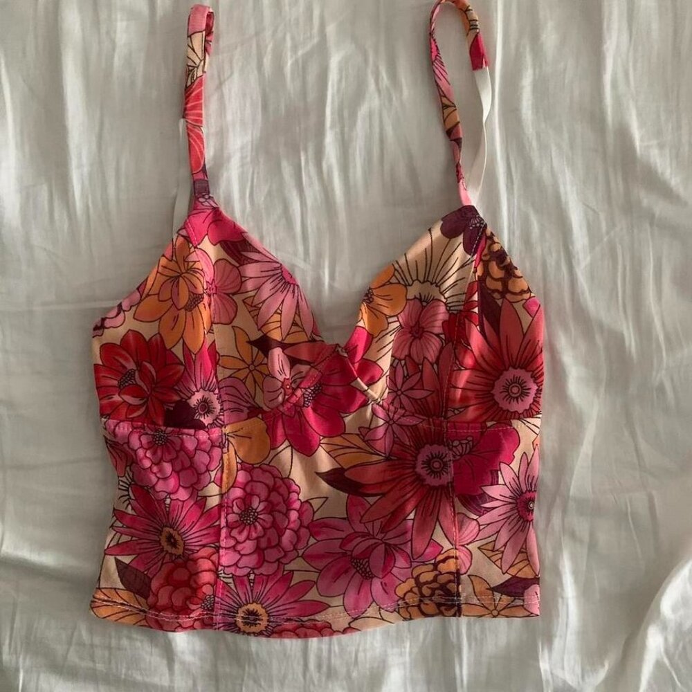 Timing Pink mesh floral cropped cami top